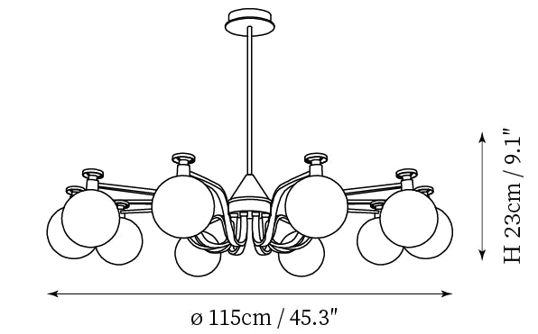Dimension drawing of this Clérachic ten-light chandelier in its round-globe style, with its 23 cm height and 115 cm width marked.