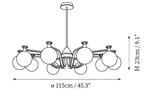 Dimension drawing of this Clérachic ten-light chandelier in its round-globe style, with its 23 cm height and 115 cm width marked.