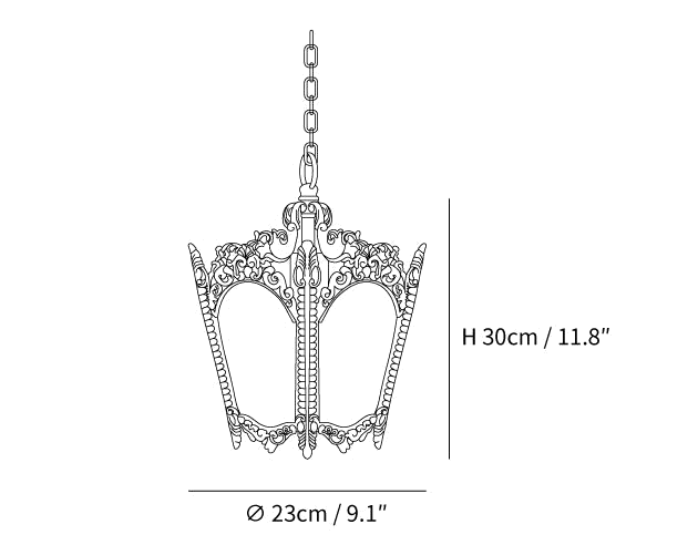 Dimension drawing of this Clérachic pendant, with its height and width marked.