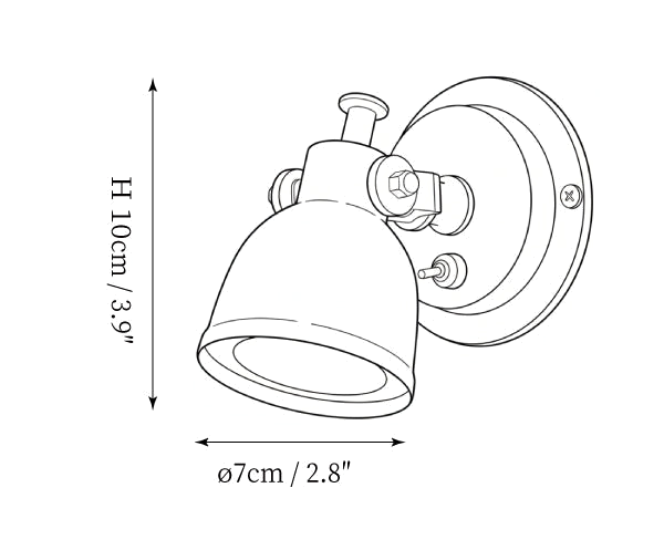 Clérachic wall light dimension drawing, every measurement marked in centimetres and inches.