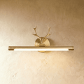 Clérachic brushed brass picture wall light with a stag-antler mount and a lit 43 cm tube, against a warm limewash wall.