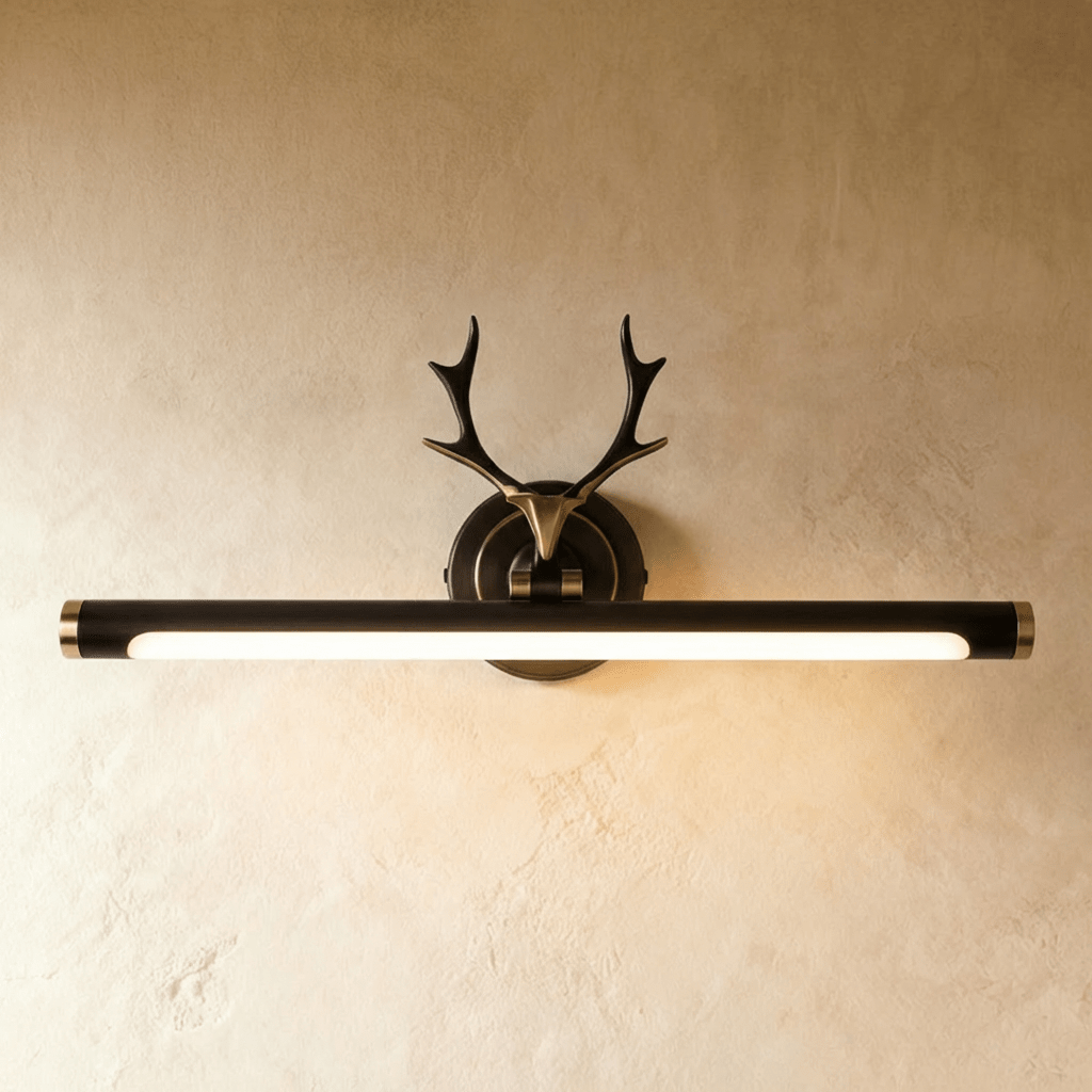 Clérachic antler wall light in black with gold end caps and a longer lit 55 cm tube, mounted on a limewash wall.