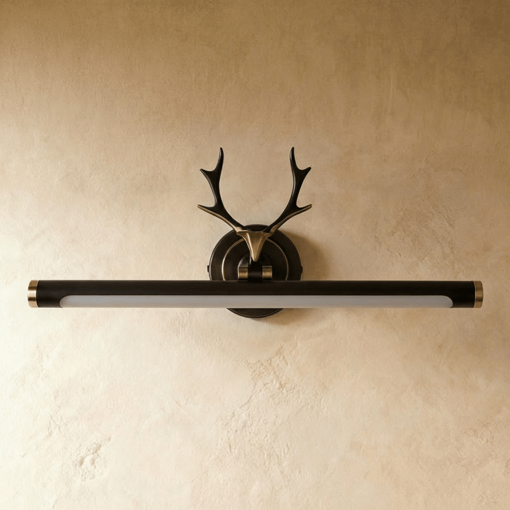 Clérachic black and gold antler wall light with its 55 cm tube unlit, a frosted diffuser along the underside, on plaster.