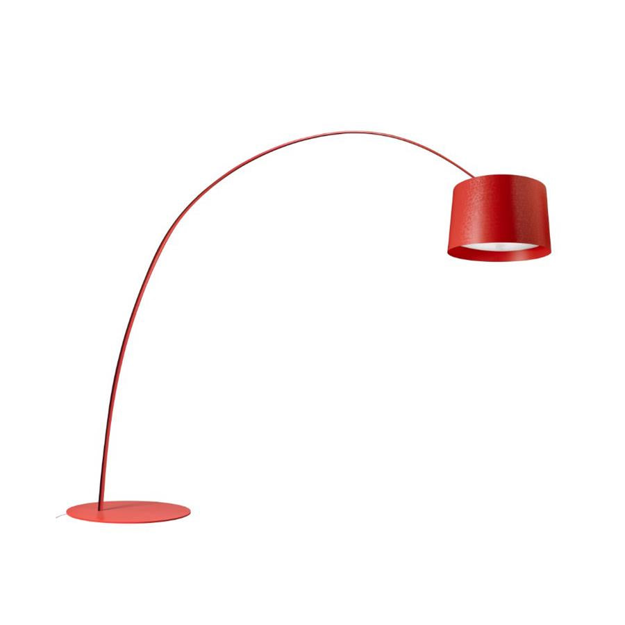 Red Clérachic arc floor lamp with a red drum shade and flat round base, shown on a plain white background.