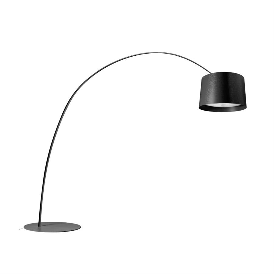 Black Clérachic arc floor lamp with a black drum shade and flat round base, shown on a plain white background.