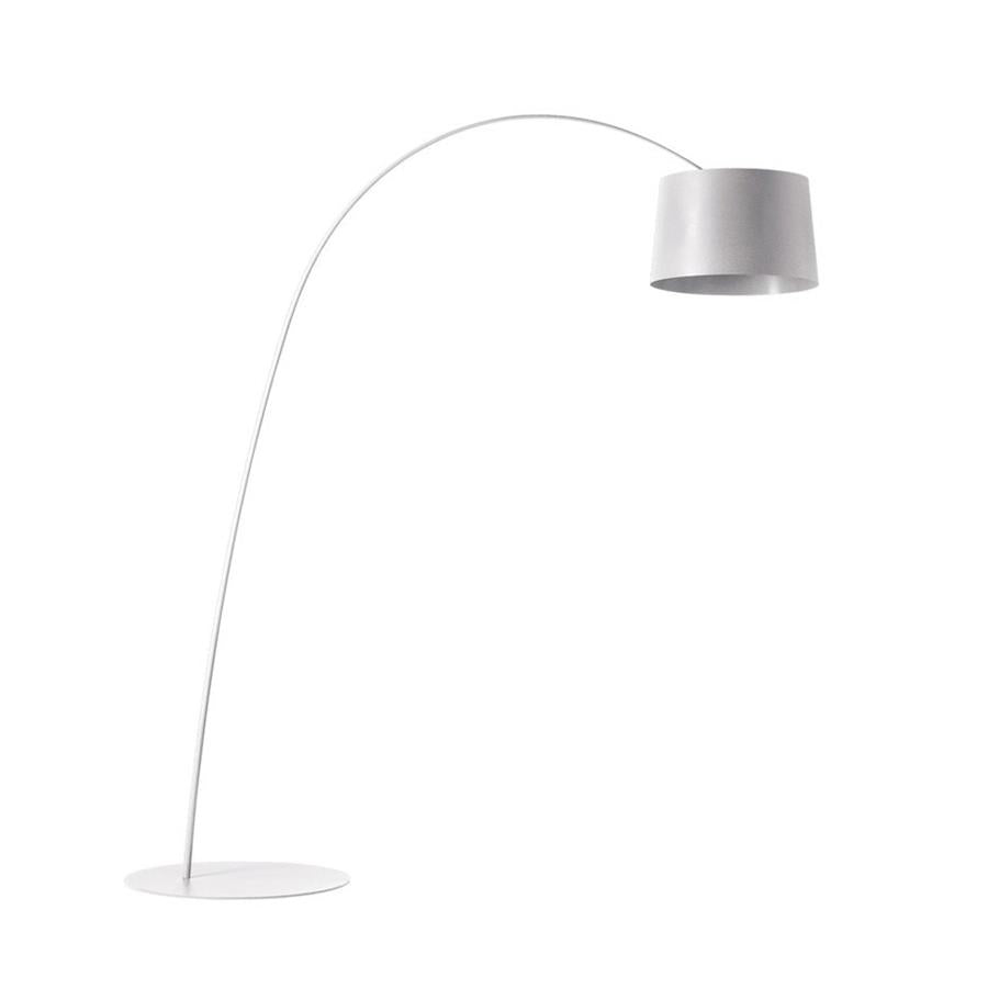 White Clérachic arc floor lamp with a pale grey drum shade and a white round base, shown on a plain white background.
