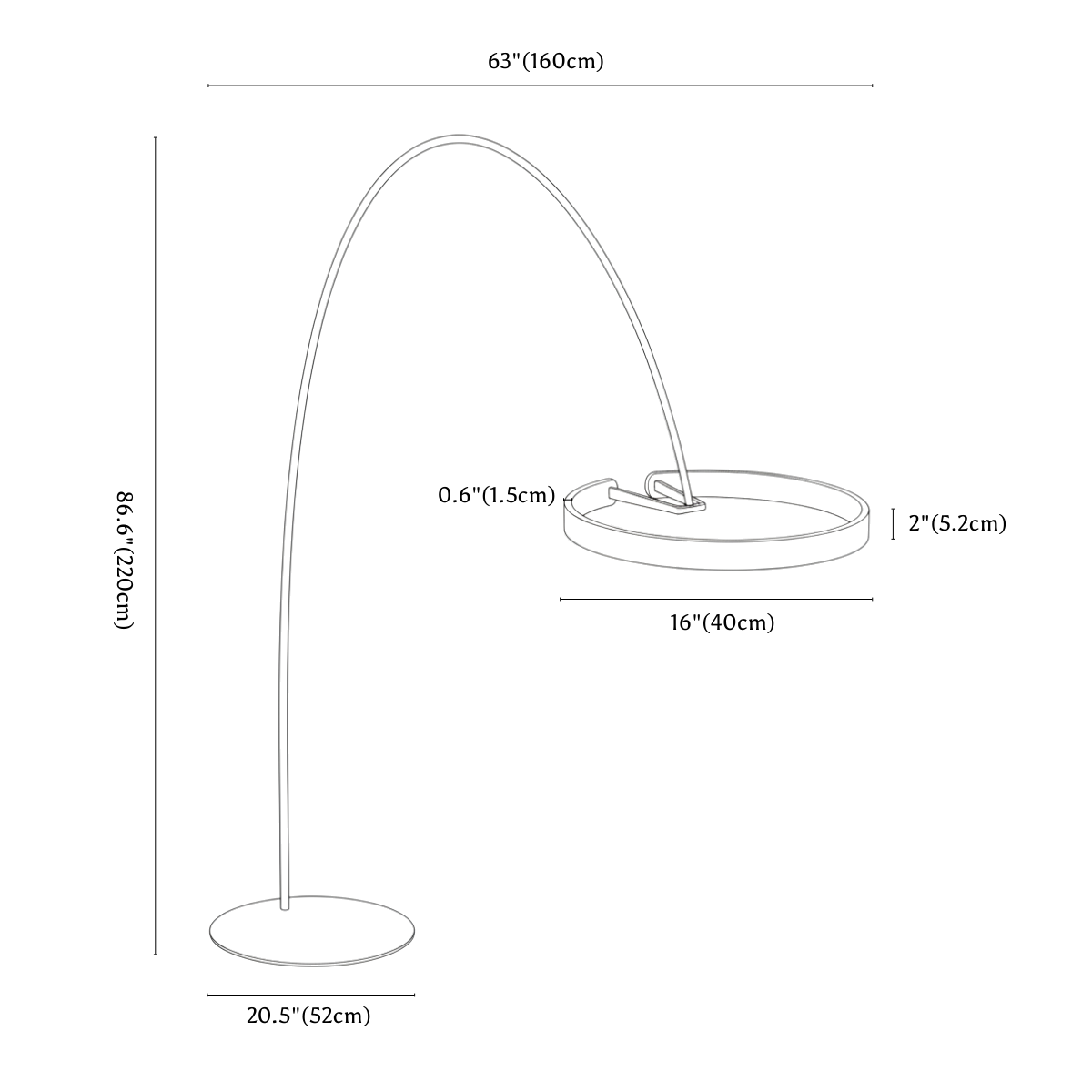 Clérachic floor lamp dimension drawing, 40 cm ring, every measurement marked in centimetres and inches.