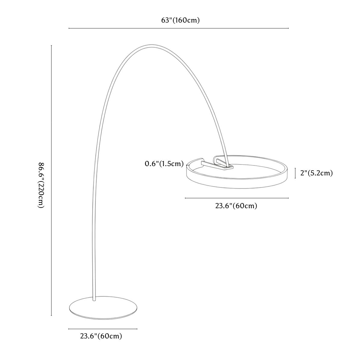 Clérachic floor lamp dimension drawing, 60 cm ring, every measurement marked in centimetres and inches.