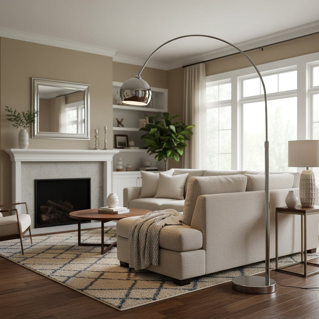 In a living room with a white fireplace and tall windows, a Clérachic chrome arc lamp reaches across a cream sofa.