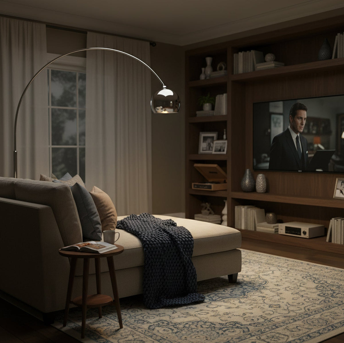 The chrome head of this Clérachic arc lamp hangs over a daybed with a navy throw, beside a shelving unit and television.