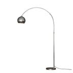 A chrome arc floor lamp from Clérachic with a dark base and a black cord, on a plain white backdrop.