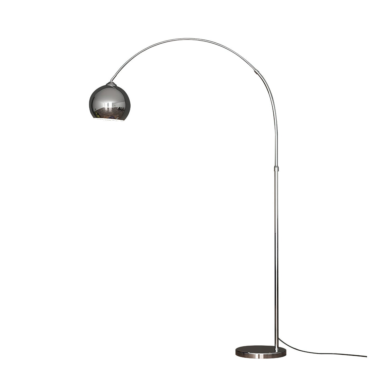 A chrome arc floor lamp from Clérachic with a dark base and a black cord, on a plain white backdrop.