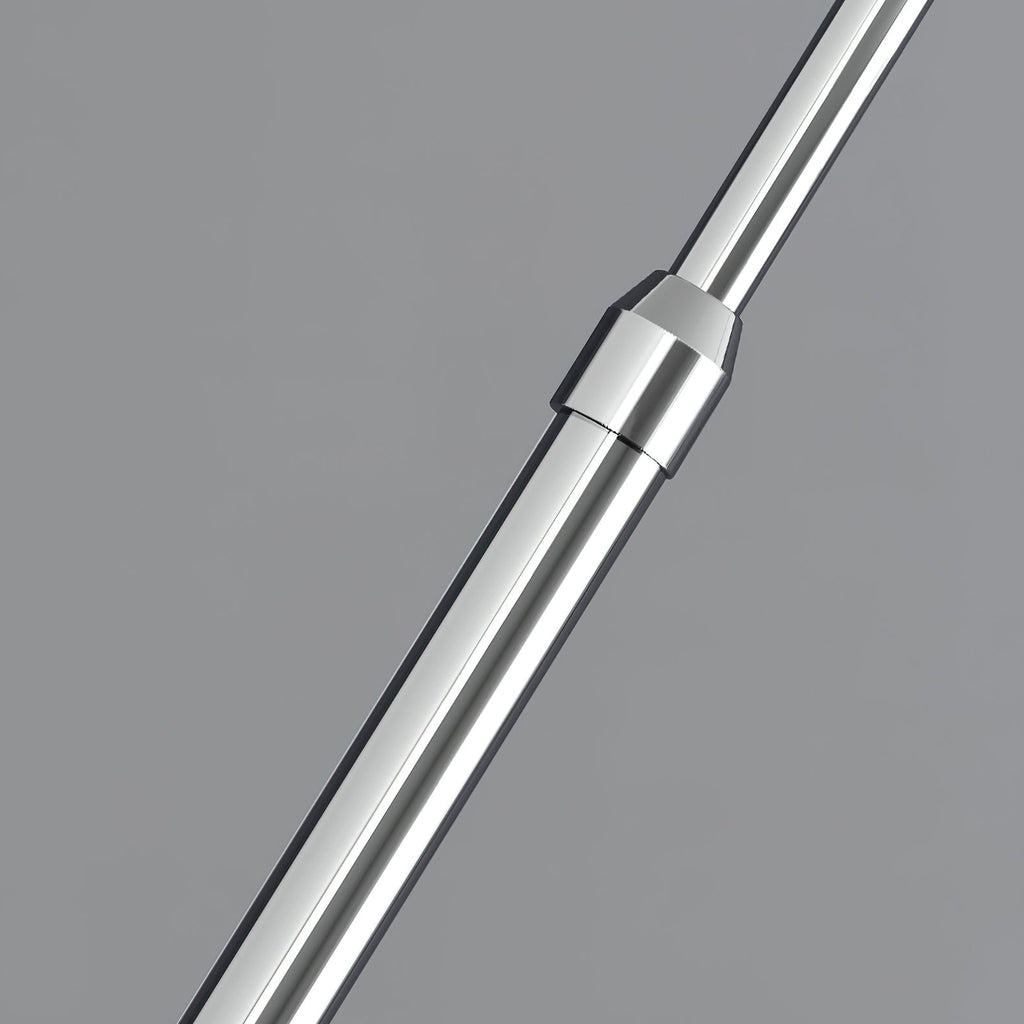 Close view of the chrome telescopic joint in the stem of this Clérachic arc lamp, against a grey background.
