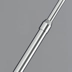 Close view of the chrome telescopic joint in the stem of this Clérachic arc lamp, against a grey background.