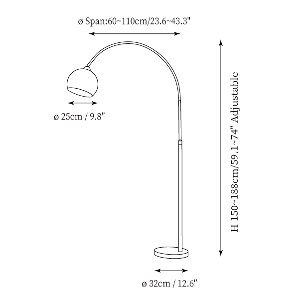 Clérachic floor lamp dimension drawing, every measurement marked in centimetres and inches.