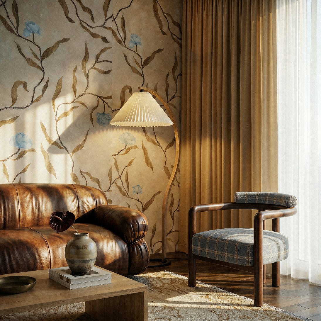 Clérachic arched floor lamp glowing behind a tan leather sofa, beside a plaid armchair and a floral wall covering.