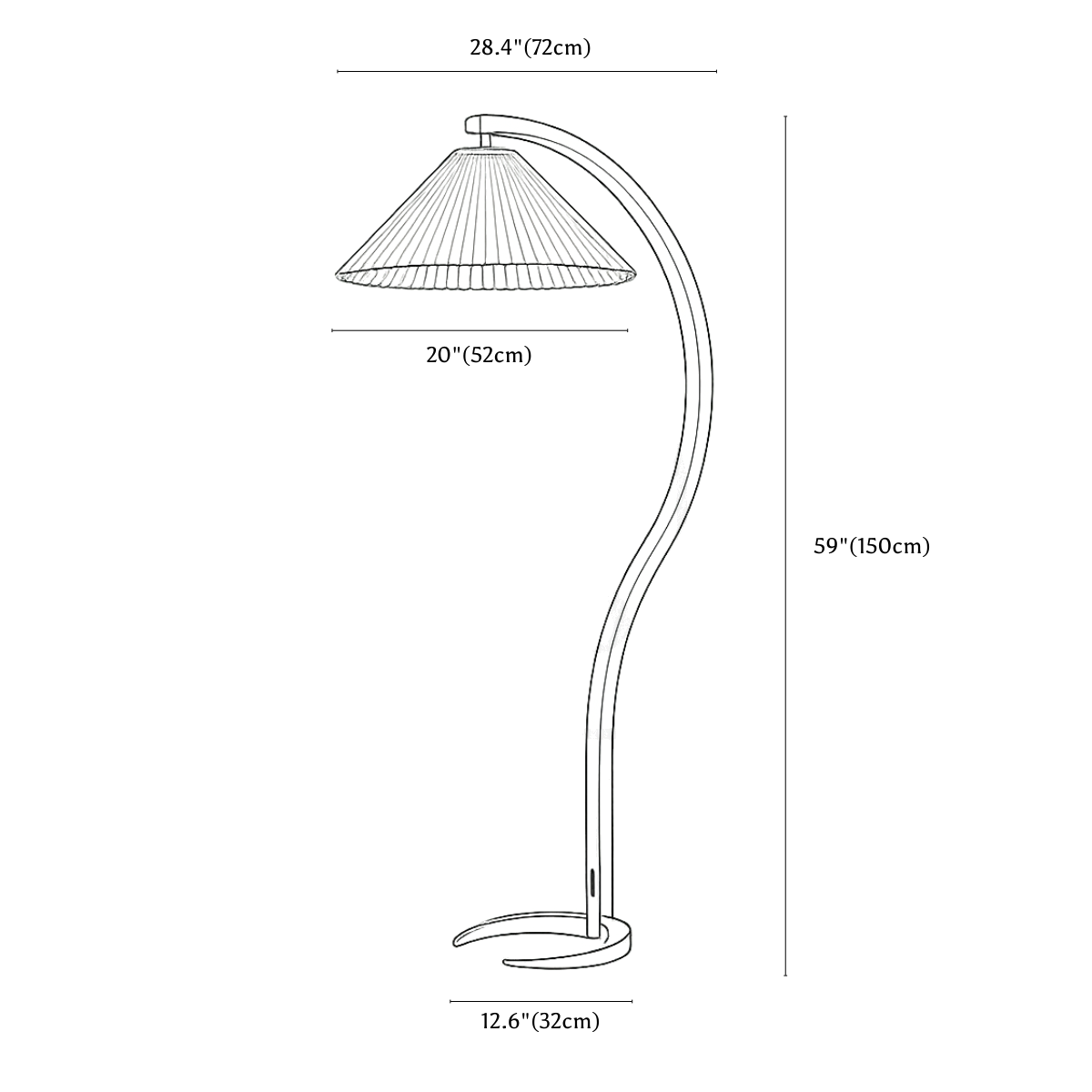 Clérachic floor lamp dimension drawing, every measurement marked in centimetres and inches.