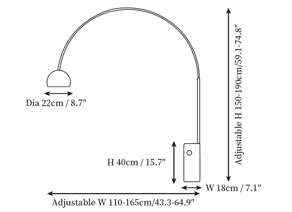 Dimension drawing of the arcadia luxe floor lamp, in outline against white.