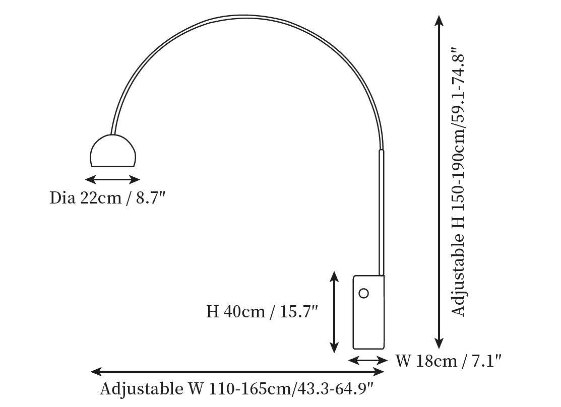 Dimension drawing of the arcadia luxe floor lamp, in outline against white.
