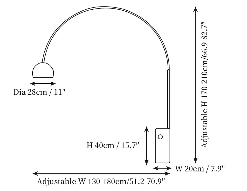 Dimension drawing of the arcadia luxe floor lamp, in outline against white.