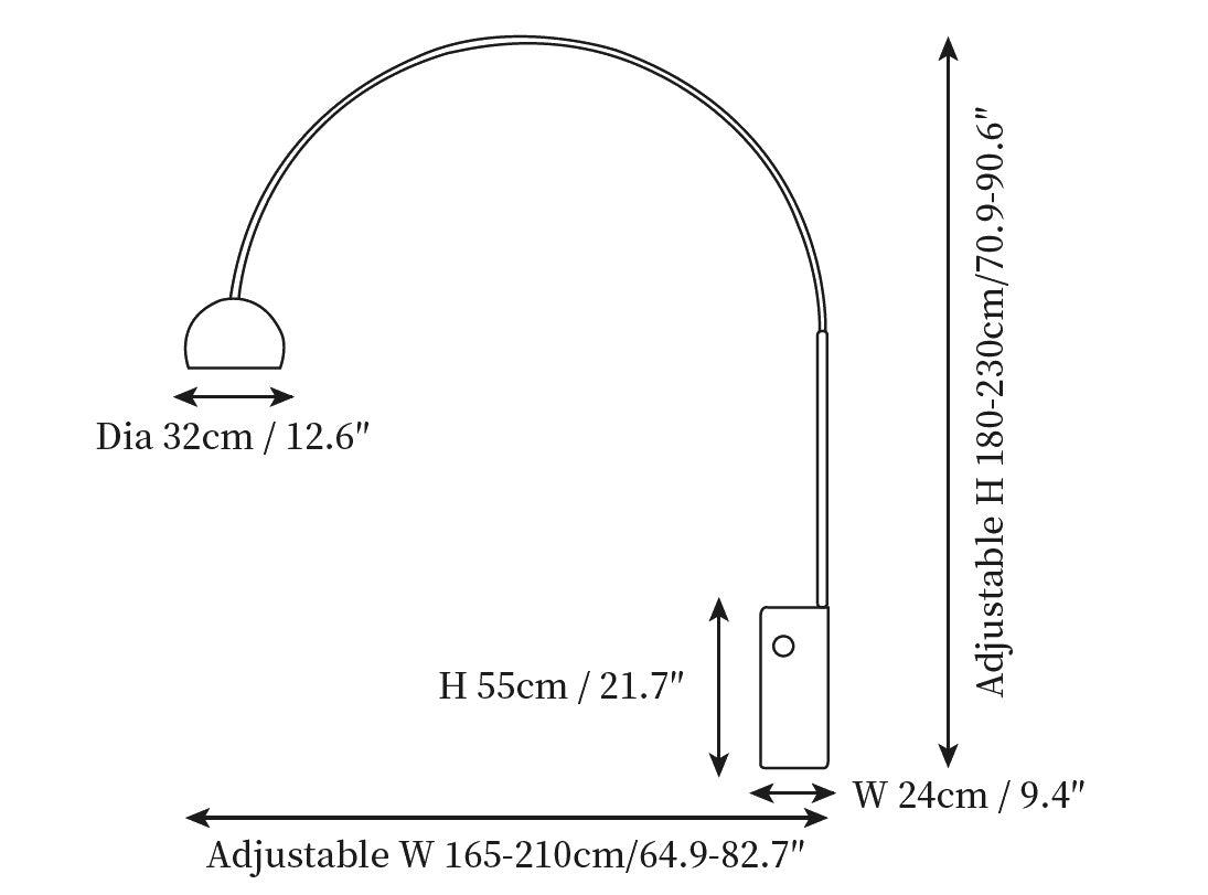 Dimension drawing of the arcadia luxe floor lamp, in outline against white.