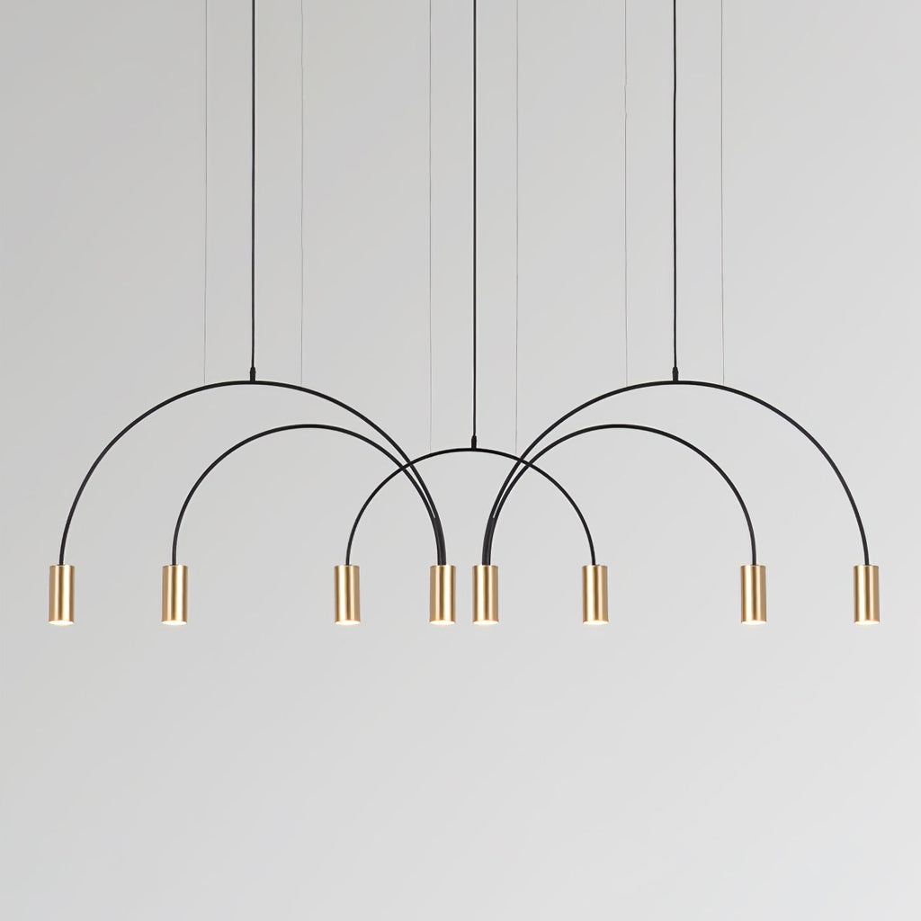 Eight brass spot heads hang from four black arches on this Clérachic pendant, against a pale grey backdrop.
