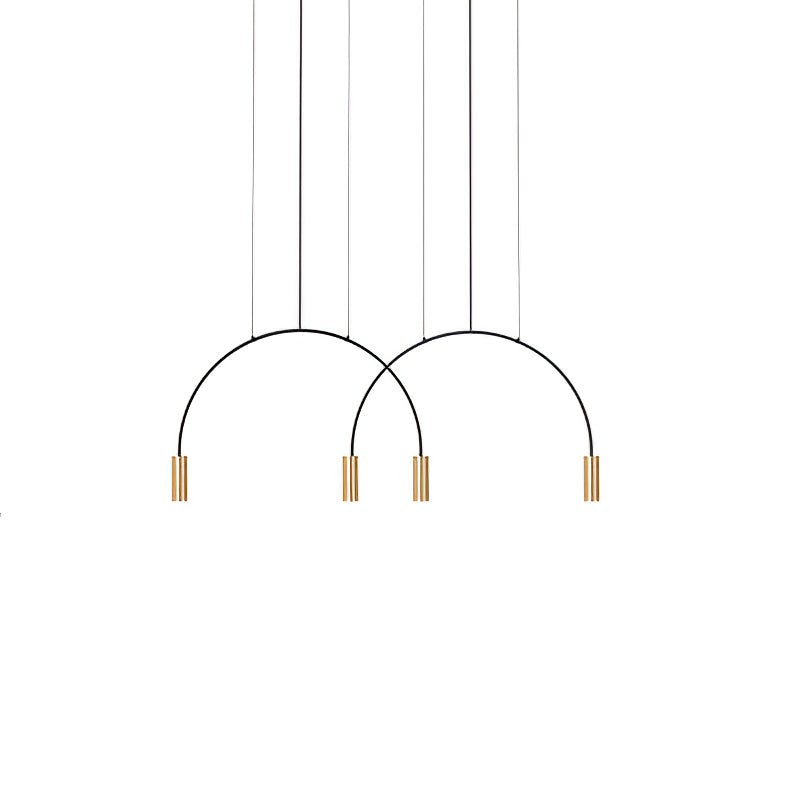 Four brass spot heads hang from two fine black arches on this Clérachic pendant, shown on white.
