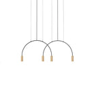 Four brass spot heads hang from two fine black arches on this Clérachic pendant, shown on white.