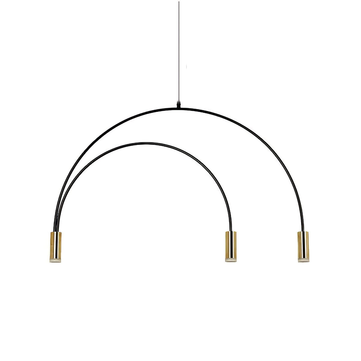 Two nested black arches ending in three brass spot heads, this Clérachic pendant centred on a white backdrop.