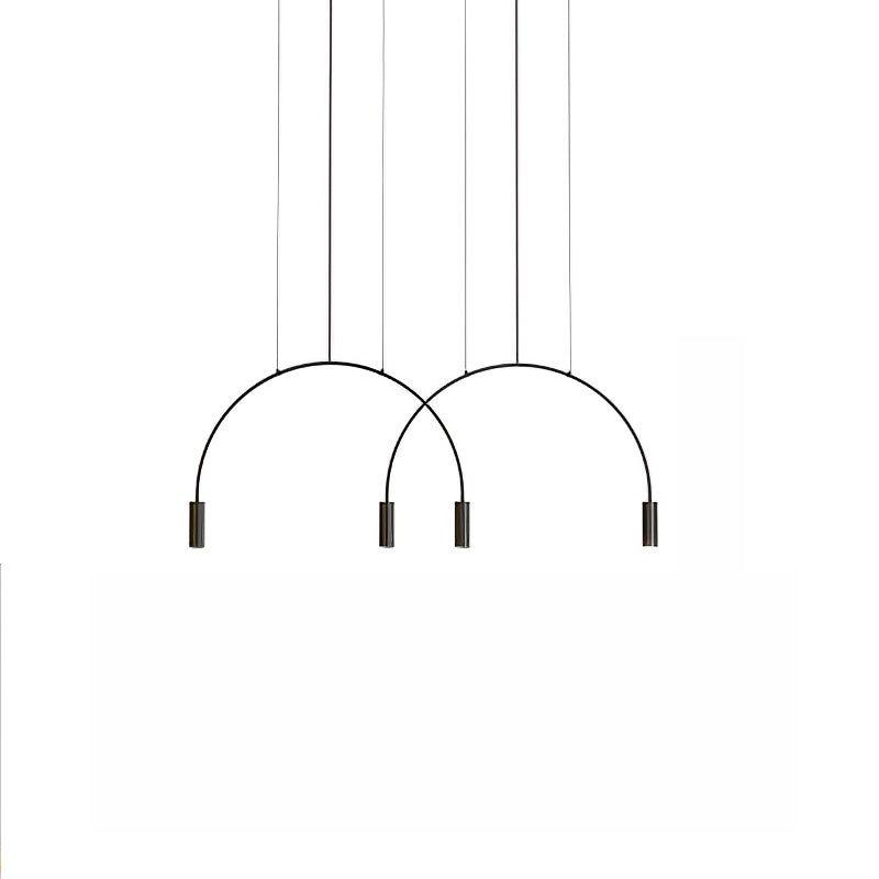 Four dark spot heads hang from two fine arches on this Clérachic pendant, shown on a white backdrop.