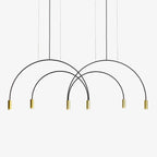 Six brass spot heads and three overlapping thin arches, this Clérachic pendant on a white backdrop.