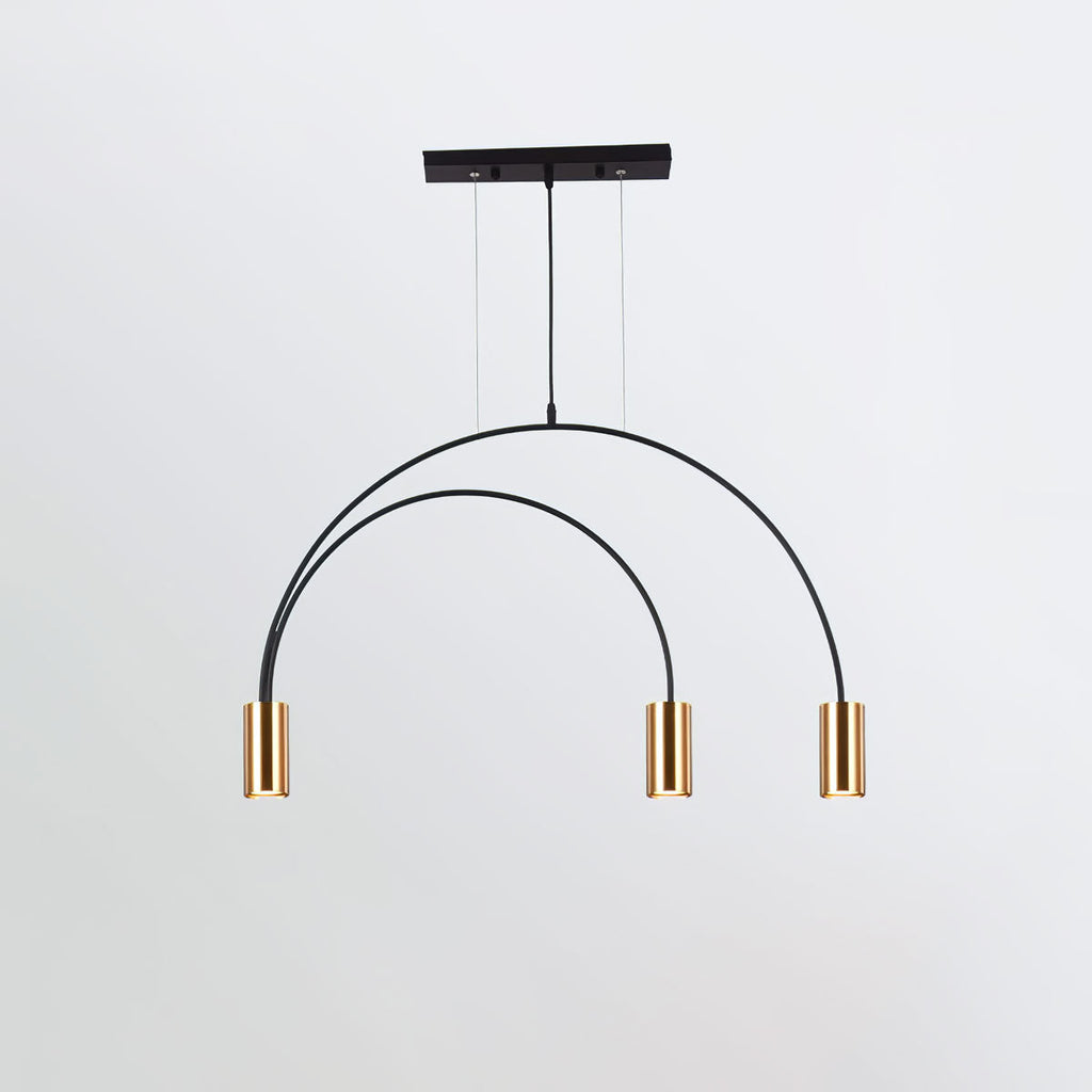 Two nested black arches ending in three brass spot heads, this Clérachic pendant hung from a canopy bar.