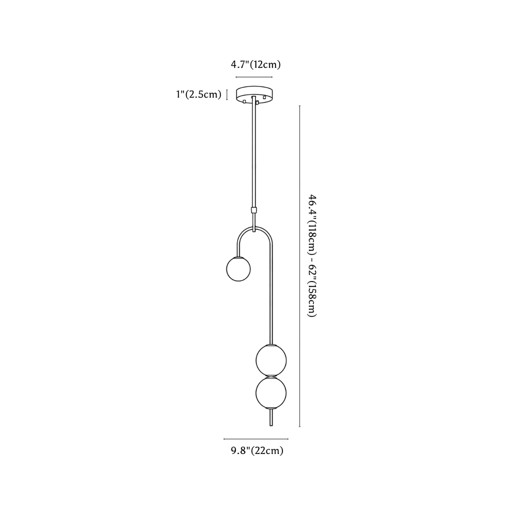 Clérachic pendant light dimension drawing, 1 of 3, every measurement marked in centimetres and inches.