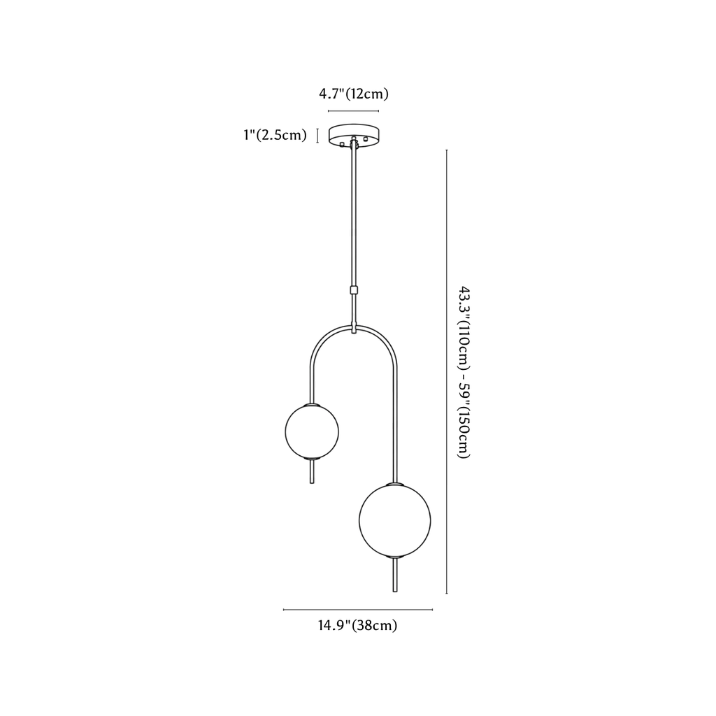Clérachic pendant light dimension drawing, 2, every measurement marked in centimetres and inches.