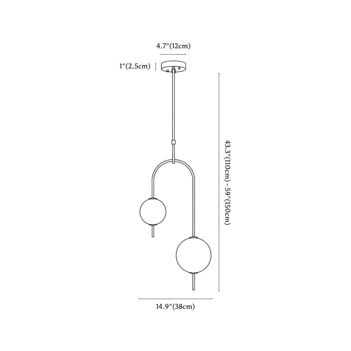 Clérachic pendant light dimension drawing, 2, every measurement marked in centimetres and inches.