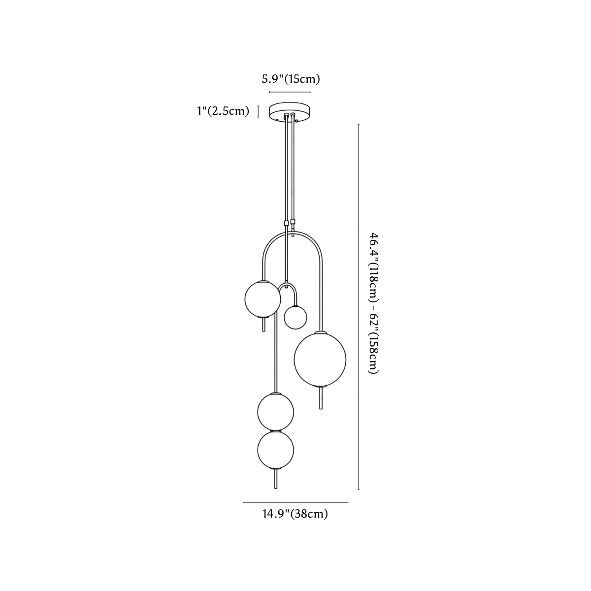 Clérachic pendant light dimension drawing, 3, every measurement marked in centimetres and inches.