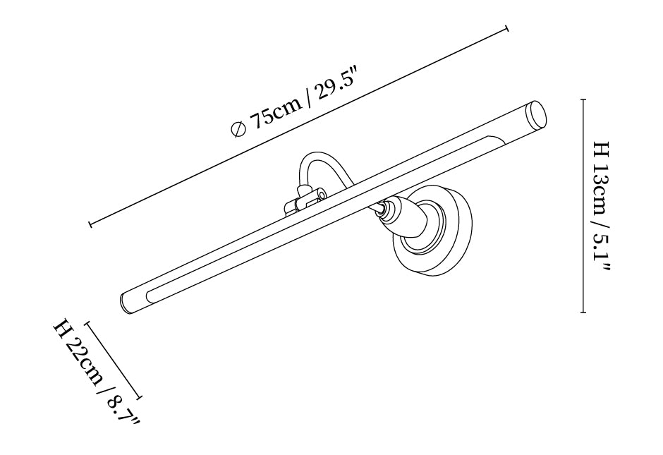 Dimension drawing of the archer art linear wall light, in outline against white.