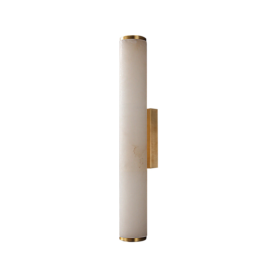 Clérachic alabaster wall sconce on a clean white background, brass collars capping the stone tube top and bottom.