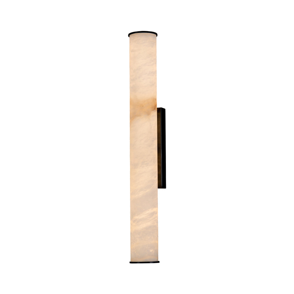 Clérachic sconce with a matte black bracket, photographed on white to show the stone's warm cloudy figure.