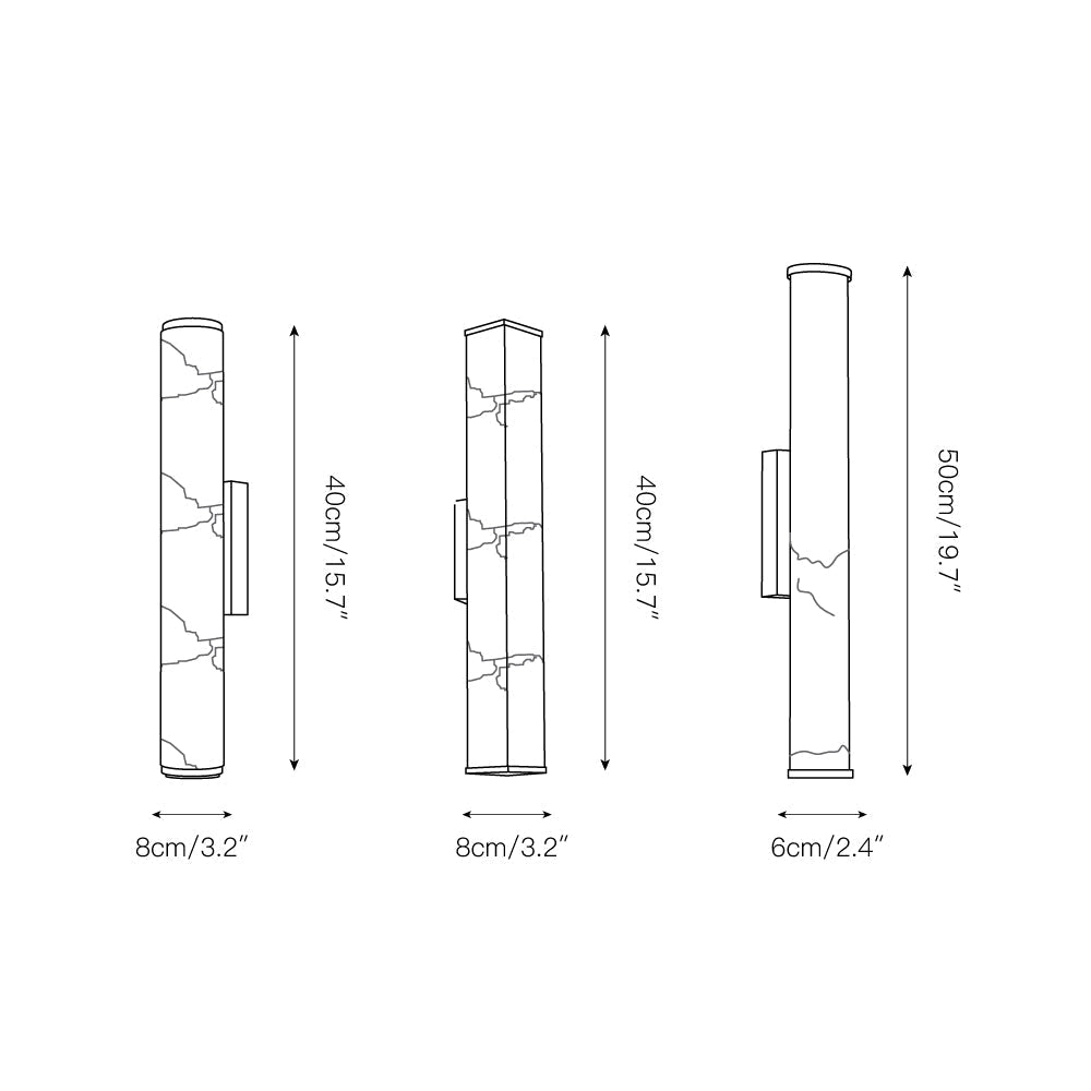 The Clérachic sconce dimension drawing: 40 cm/15.7" and 50 cm/19.7" heights, at 8 cm/3.2" and 6 cm/2.4" widths.