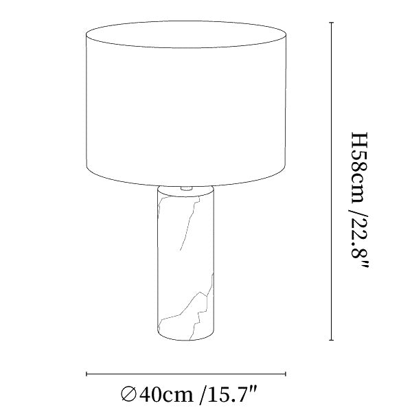 Dimension drawing of the ardena marble table lamp, in outline against white.