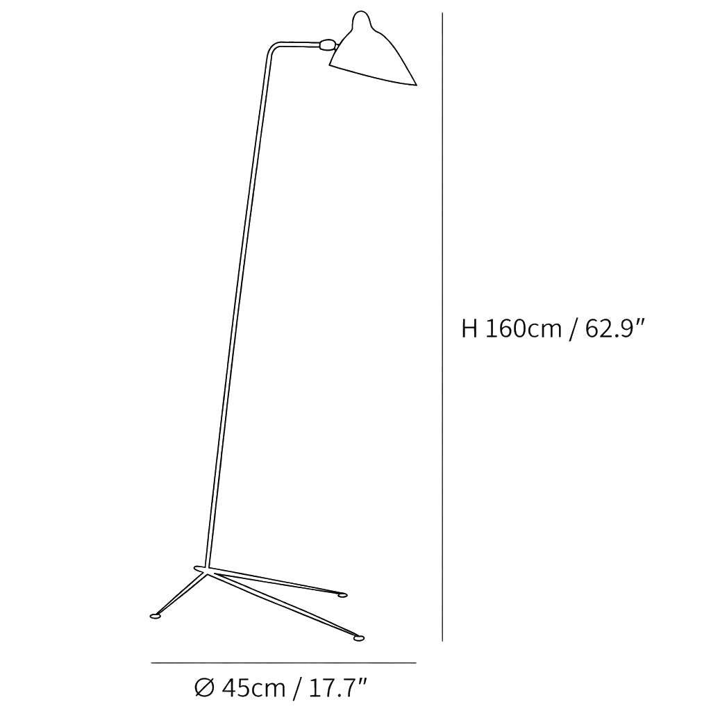 Dimension drawing of the arm spider floor lamp, in outline against white.