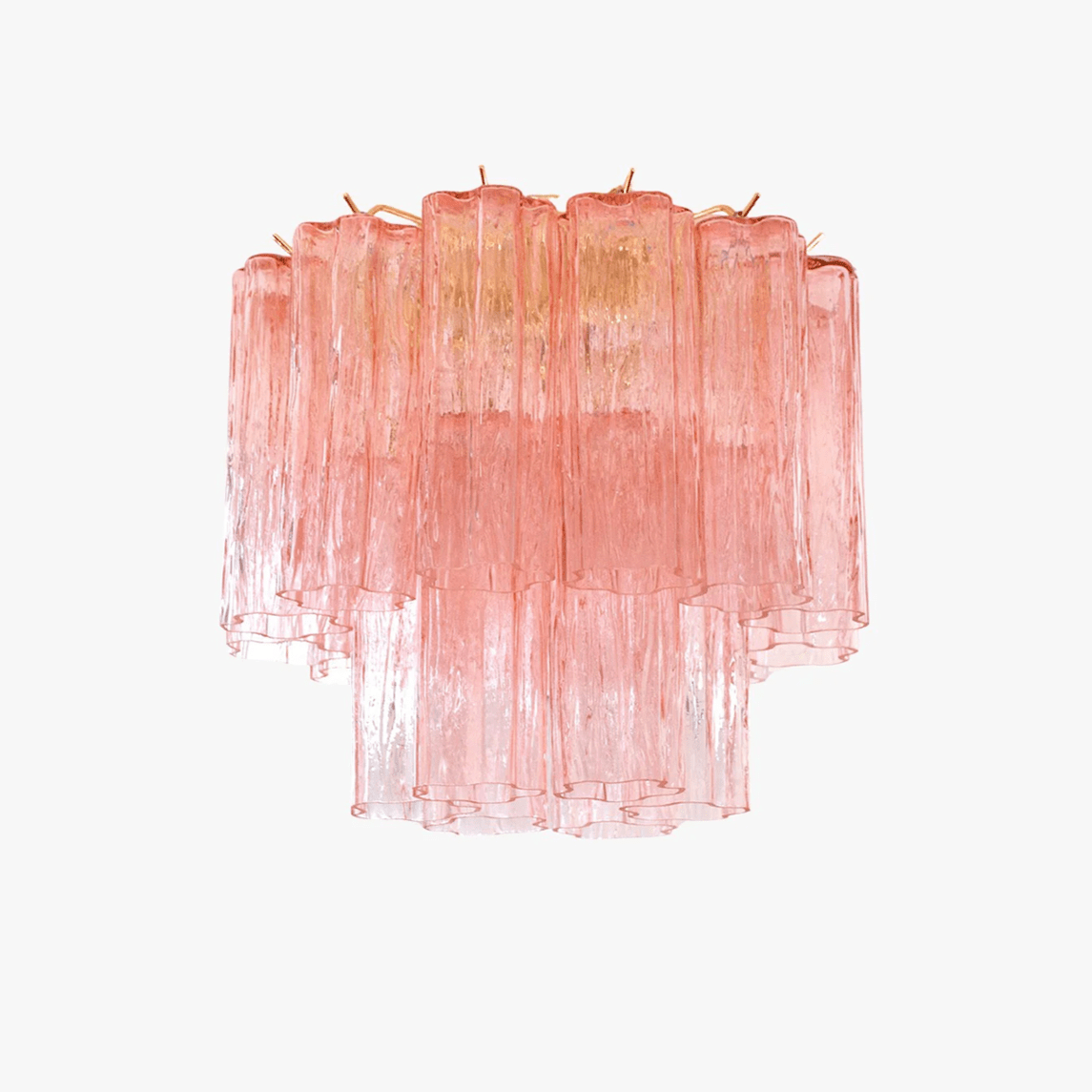 Pink version of this Clérachic flush mount ceiling light, with two tiers of fluted art glass tubes, shown on a plain white backdrop.