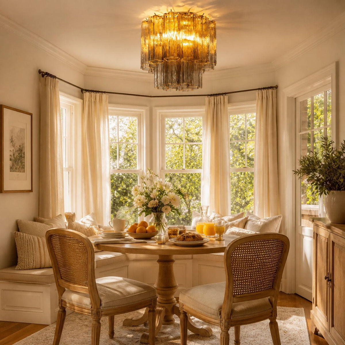 Amber art glass Clérachic flush mount glowing above a round breakfast table in a bay-windowed nook with cane chairs and sheer curtains.
