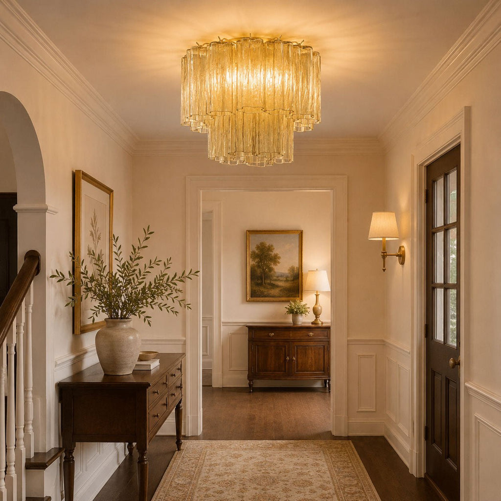 Pale champagne-yellow Clérachic flush mount lighting a hallway with panelled walls, a dark timber console and a landscape painting.