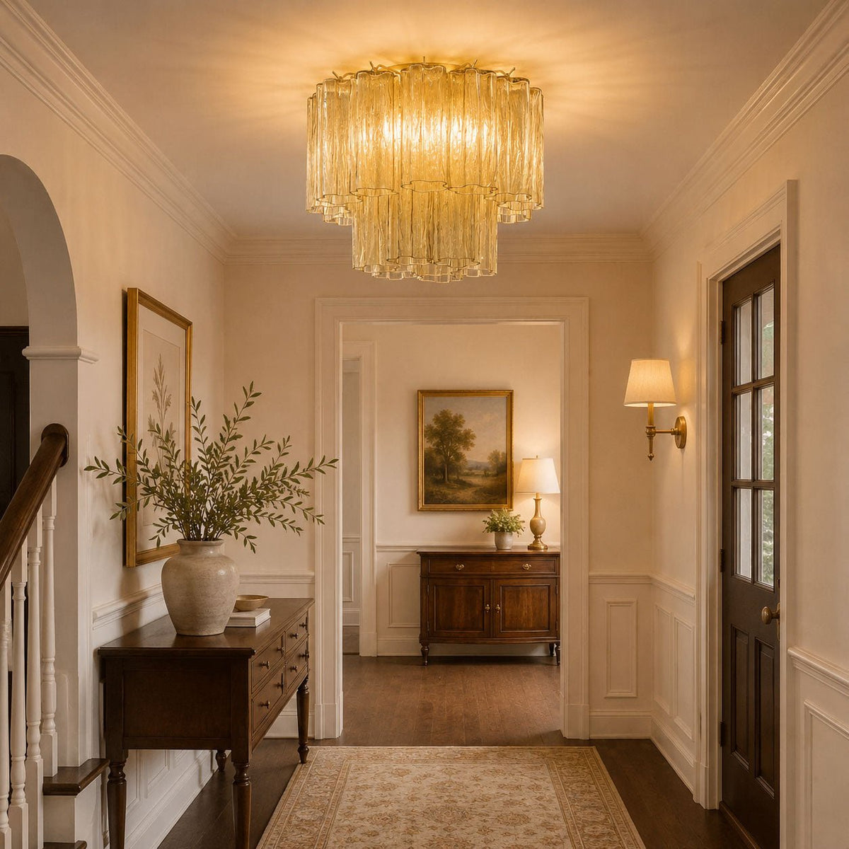 Pale champagne-yellow Clérachic flush mount lighting a hallway with panelled walls, a dark timber console and a landscape painting.