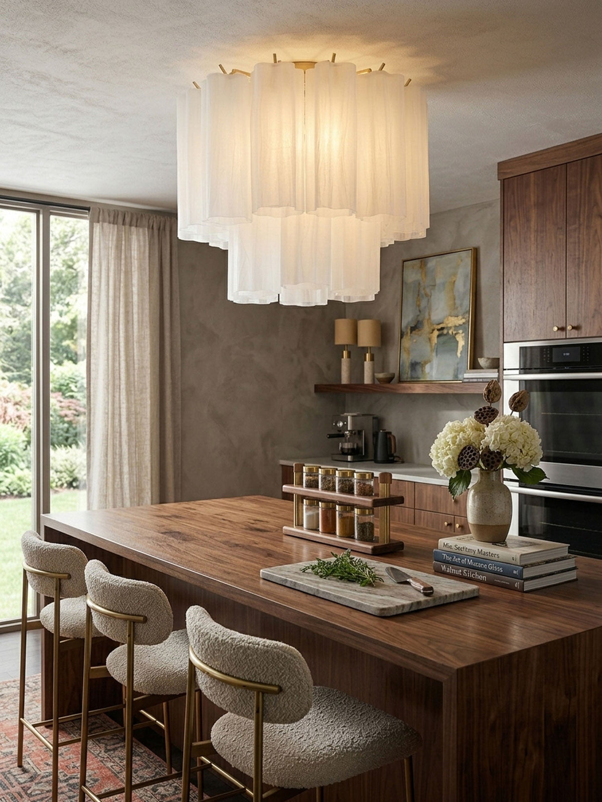 White frosted glass Clérachic flush mount above a walnut kitchen island with boucle bar stools, in a room with a view of the garden.