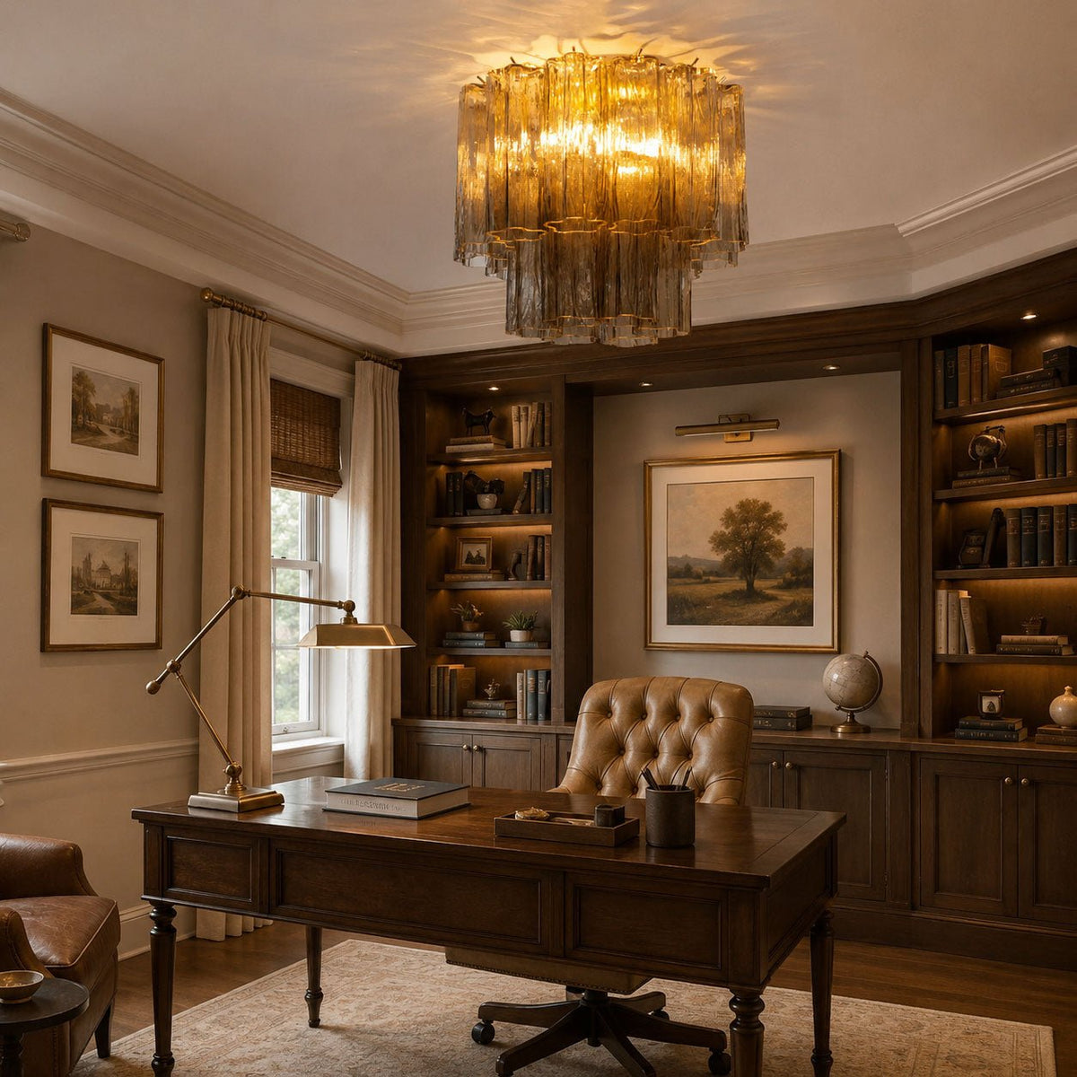 Amber-toned Clérachic flush mount casting a golden glow over a study with a leather chair, a timber desk and a wall of lit bookshelves.