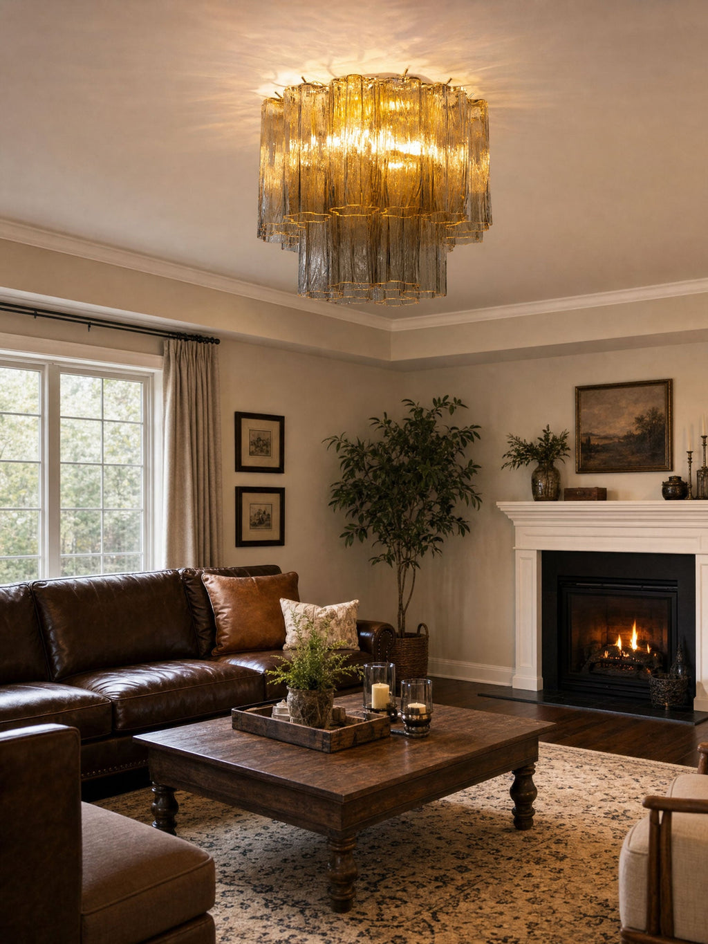 Amber glass Clérachic flush mount above a living room with a brown leather sofa, a square timber coffee table and a lit fireplace.