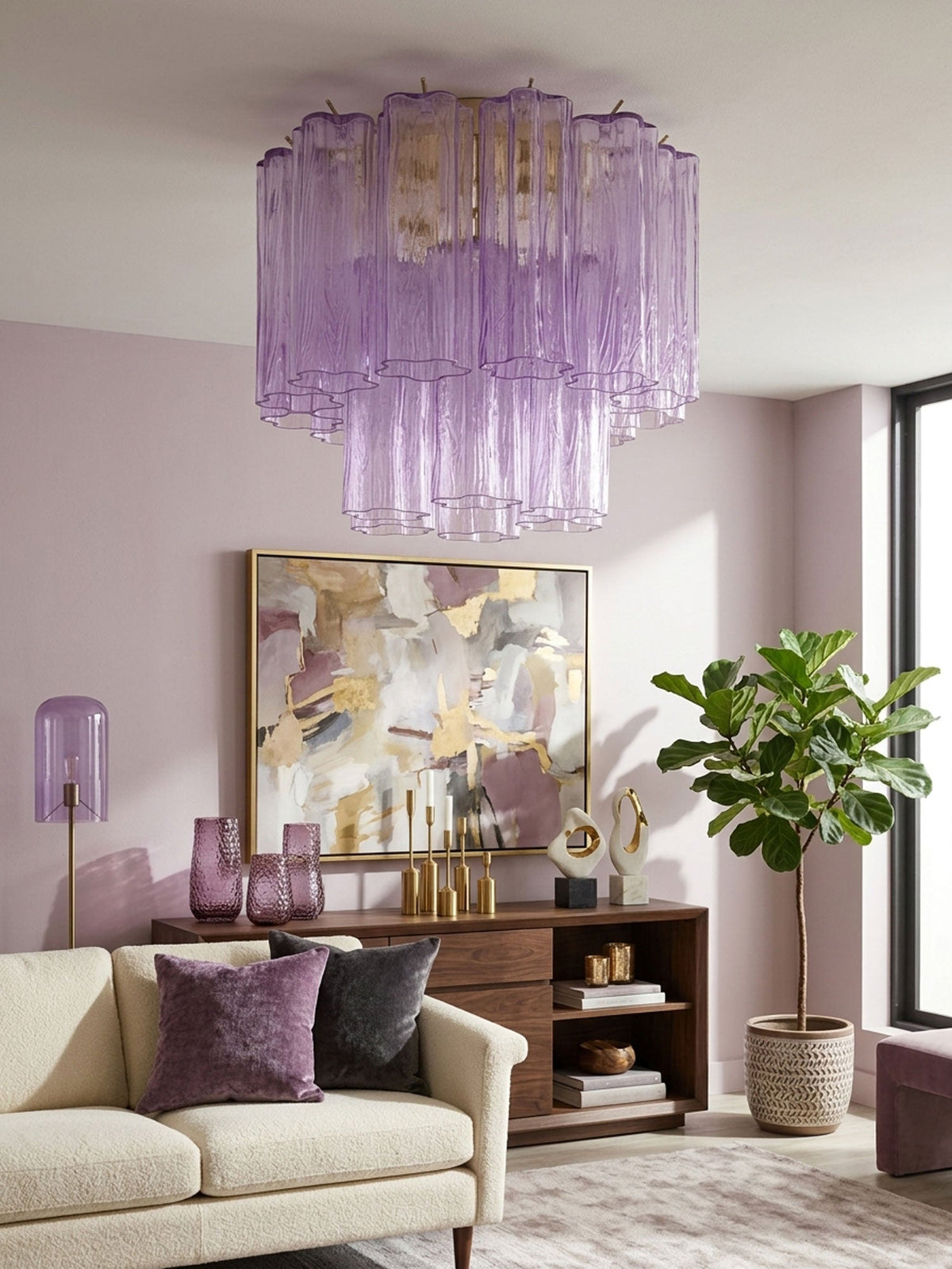 Purple Clérachic flush mount above a lilac-walled living room, with a cream sofa, a fiddle-leaf fig and an abstract painting.